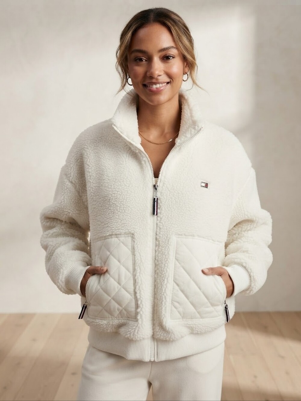 Tommy Hilfiger White Sherpa Zip-Up Jacket